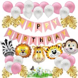 Joya® Jungle Decoratie Verjaardag versiering pakket | Safari Roze Goud | met dieren ballonnen en happy birthday slinger | Meisje
